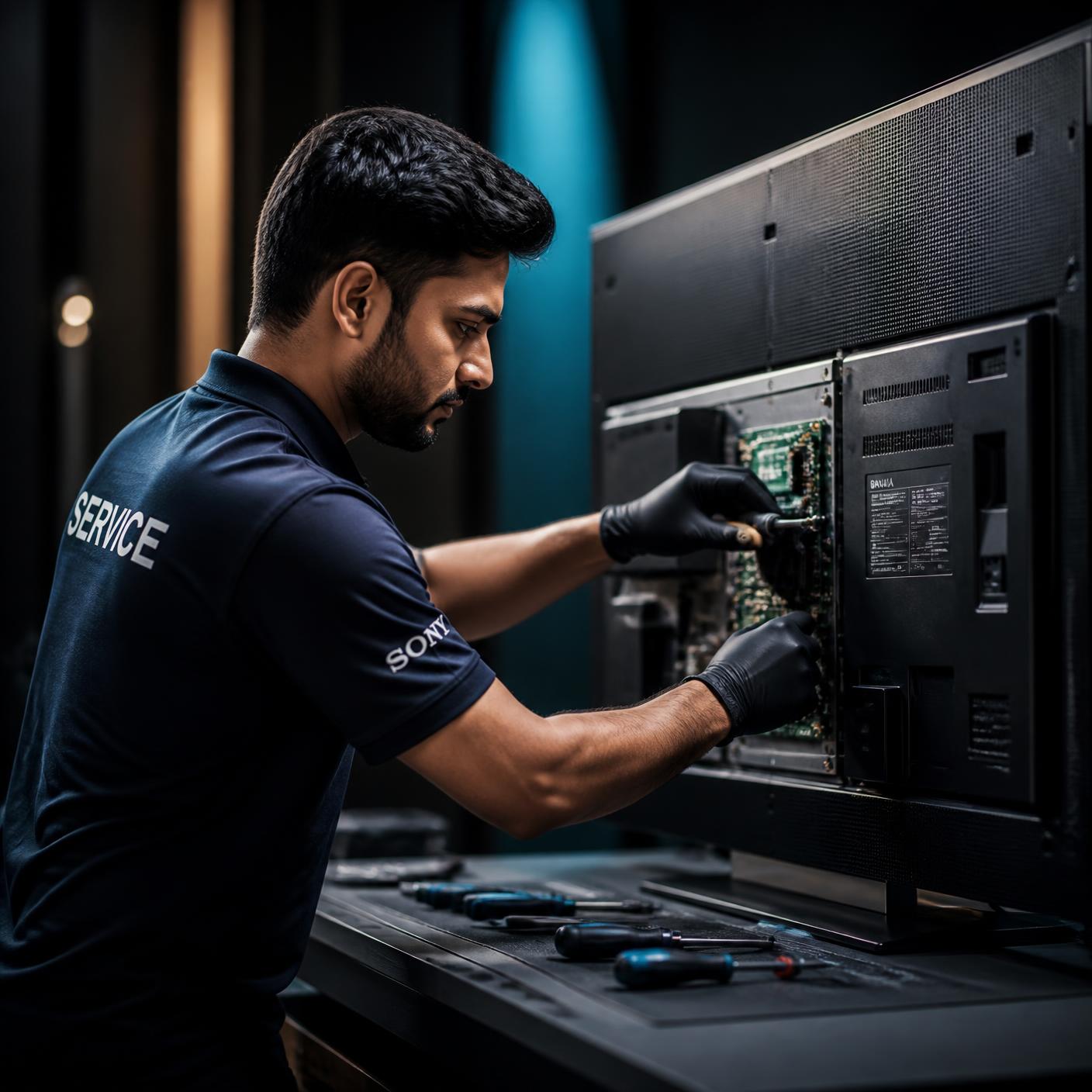 I B Care certified technician repairing a premium LED television